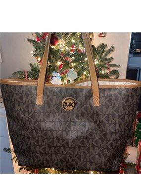 Michael Kors Dark Brown MK Logo Tote with Tan Trim